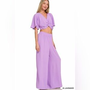 💜Hello Gorgeous!! Zenana Woven Airflow Twisted Top & Wide Leg Pants Set
